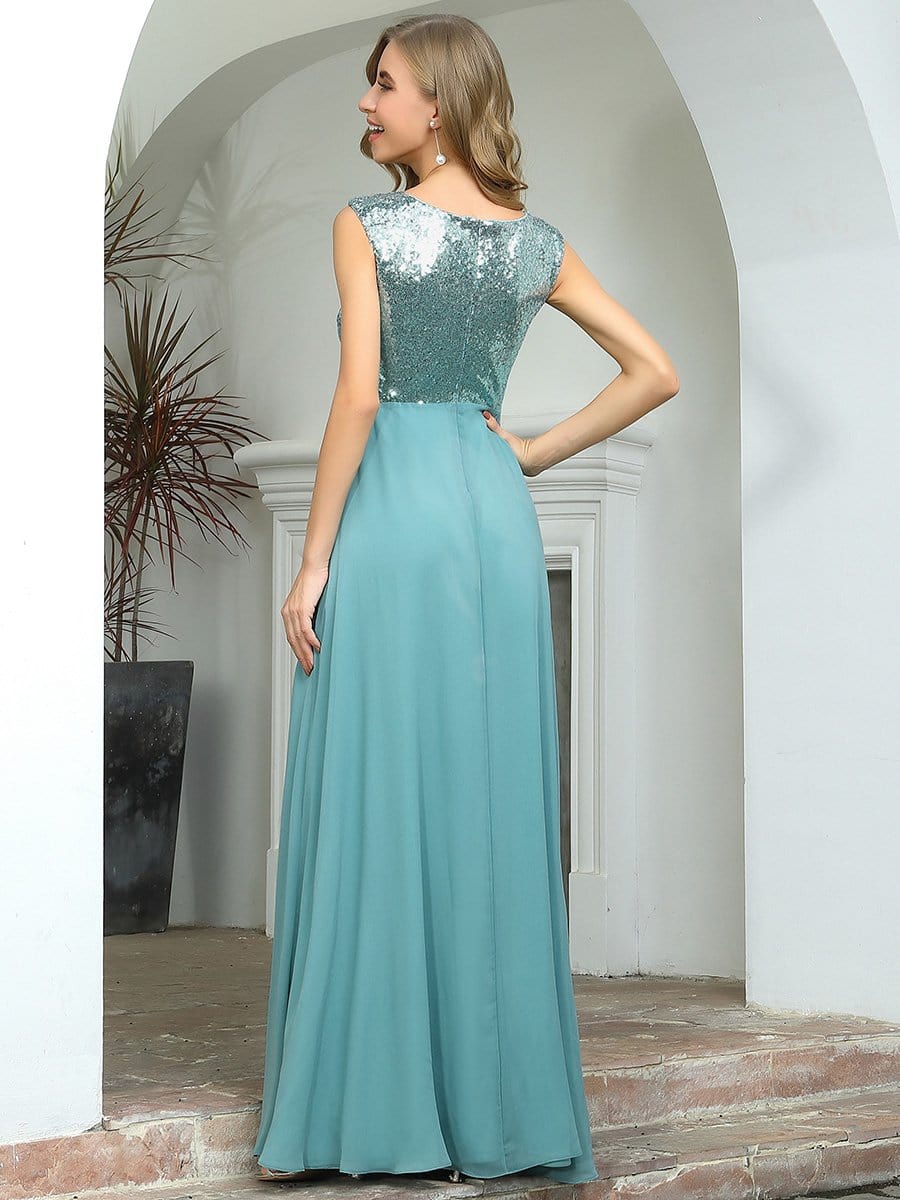 Color=Dusty Blue | V Neck Sleeveless Floor Length Sequin Party Dress-Dusty Blue 2