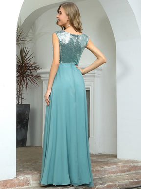 Color=Dusty Blue | V Neck Sleeveless Floor Length Sequin Party Dress-Dusty Blue 2