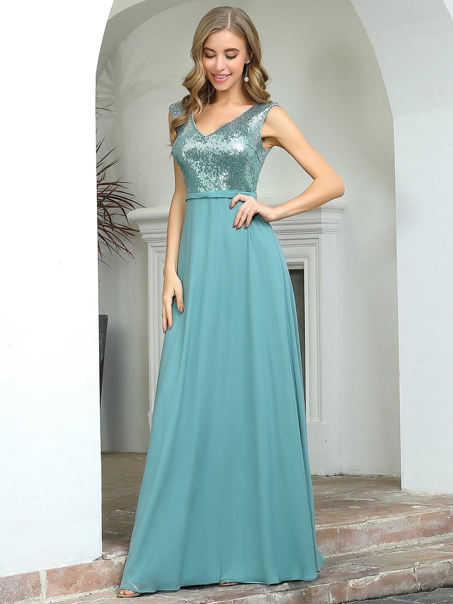 Color=Dusty Blue | V Neck Sleeveless Floor Length Sequin Party Dress-Dusty Blue 3