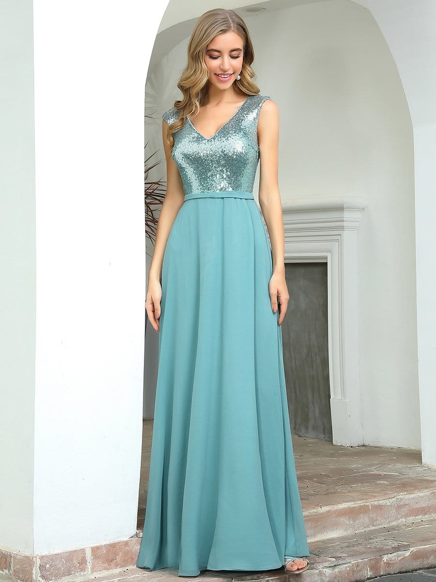 Color=Dusty Blue | V Neck Sleeveless Floor Length Sequin Party Dress-Dusty Blue 4
