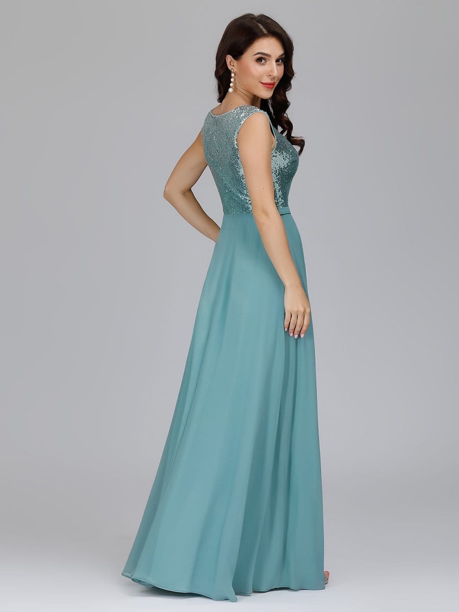 Color=Dusty Blue | V Neck Sleeveless Floor Length Sequin Party Dress-Dusty Blue 7