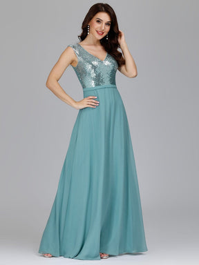 Color=Dusty Blue | V Neck Sleeveless Floor Length Sequin Party Dress-Dusty Blue 8