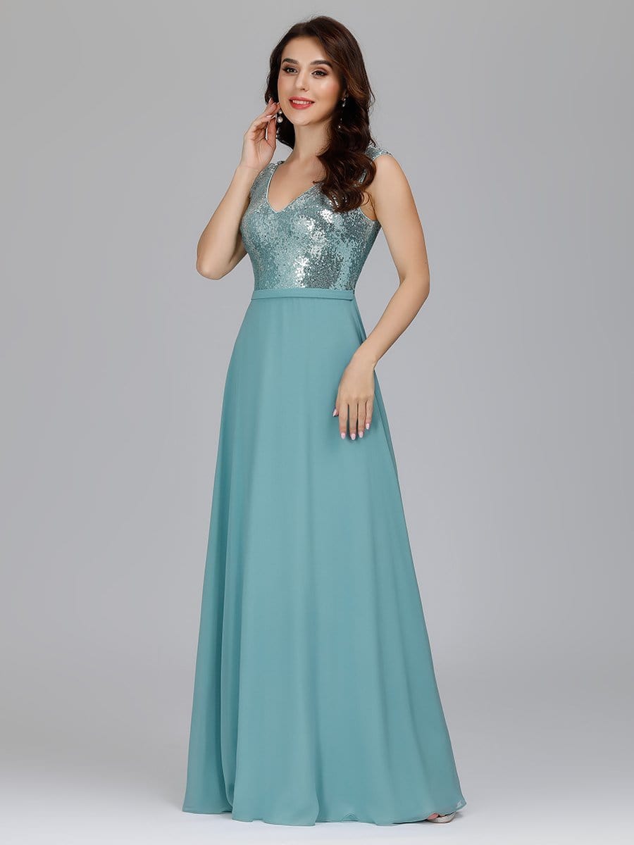 Color=Dusty Blue | V Neck Sleeveless Floor Length Sequin Party Dress-Dusty Blue 9