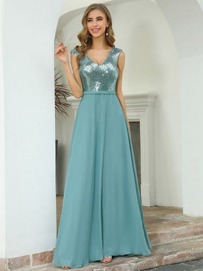 Color=Dusty Blue | V Neck Sleeveless Floor Length Sequin Party Dress-Dusty Blue 1