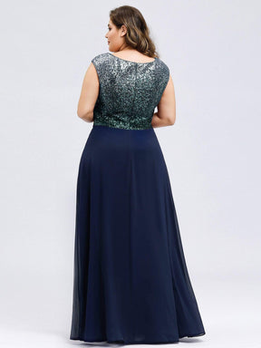 Color=Navy Blue | Plus Size V Neck Sleeveless Floor Length Sequin Party Dress-Navy Blue 2