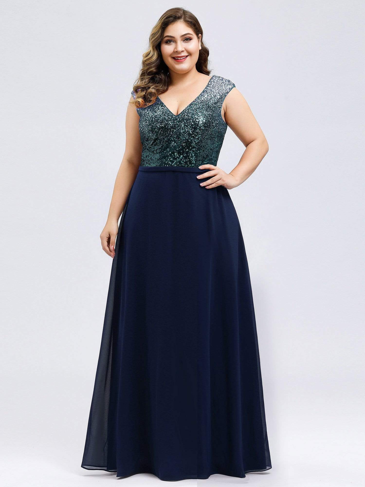 Color=Navy Blue | Plus Size V Neck Sleeveless Floor Length Sequin Party Dress-Navy Blue 3