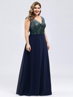 Color=Navy Blue | Plus Size V Neck Sleeveless Floor Length Sequin Party Dress-Navy Blue 4