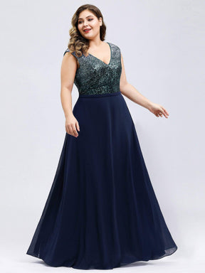 Color=Navy Blue | Plus Size V Neck Sleeveless Floor Length Sequin Party Dress-Navy Blue 1