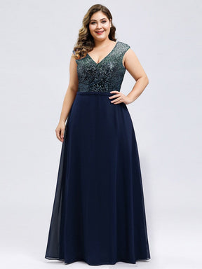 Color=Navy Blue | V Neck Sleeveless Floor Length Sequin Party Dress-Navy Blue 8