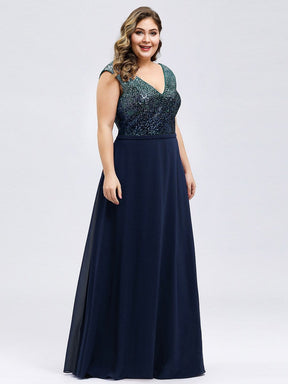 Color=Navy Blue | V Neck Sleeveless Floor Length Sequin Party Dress-Navy Blue 9