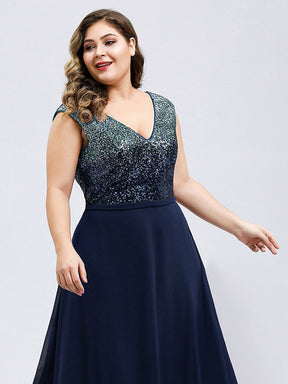 Color=Navy Blue | V Neck Sleeveless Floor Length Sequin Party Dress-Navy Blue 10