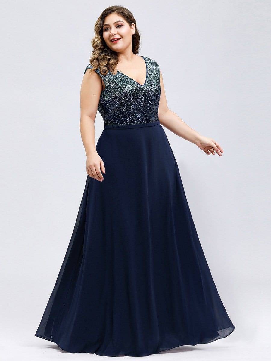 Color=Navy Blue | V Neck Sleeveless Floor Length Sequin Party Dress-Navy Blue 6