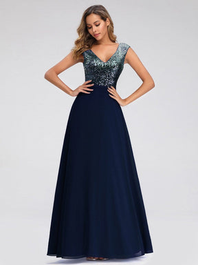 Color=Navy Blue | V Neck Sleeveless Floor Length Sequin Party Dress-Navy Blue 2