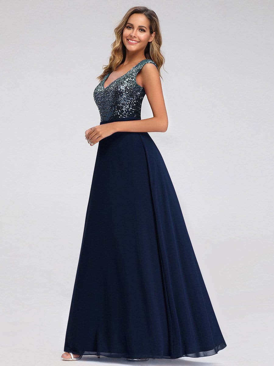 Color=Navy Blue | V Neck Sleeveless Floor Length Sequin Party Dress-Navy Blue 3