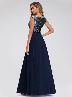 Color=Navy Blue | V Neck Sleeveless Floor Length Sequin Party Dress-Navy Blue 4