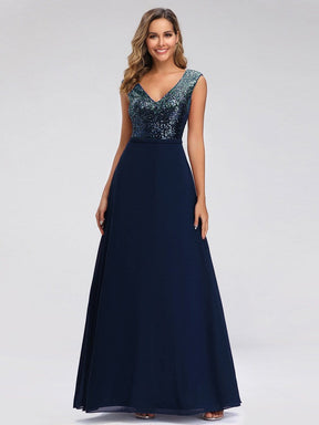 Color=Navy Blue | V Neck Sleeveless Floor Length Sequin Party Dress-Navy Blue 1