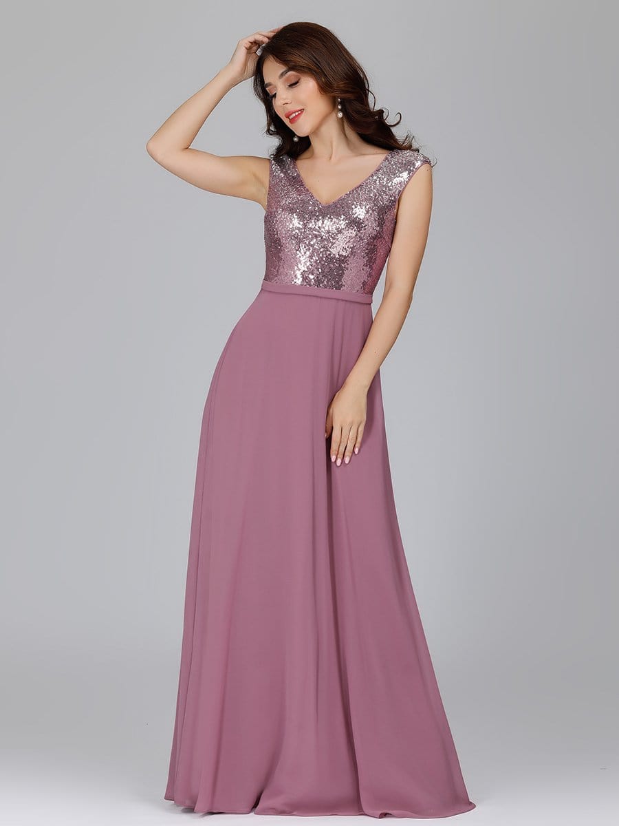 Color=Purple Orchid | V Neck Sleeveless Floor Length Sequin Party Dress-Purple Orchid 3