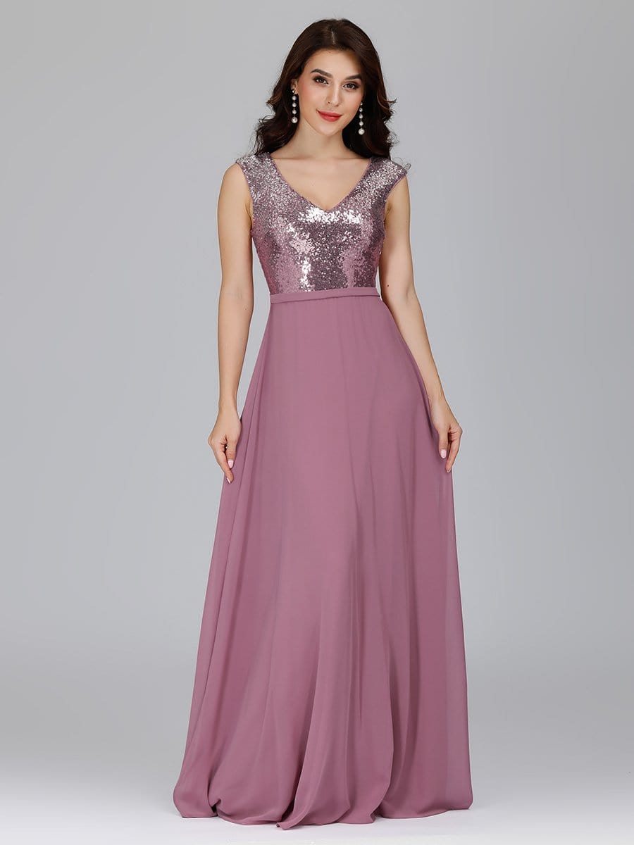 Color=Purple Orchid | V Neck Sleeveless Floor Length Sequin Party Dress-Purple Orchid 4