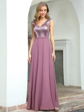 Color=Purple Orchid | V Neck Sleeveless Floor Length Sequin Party Dress-Purple Orchid 6