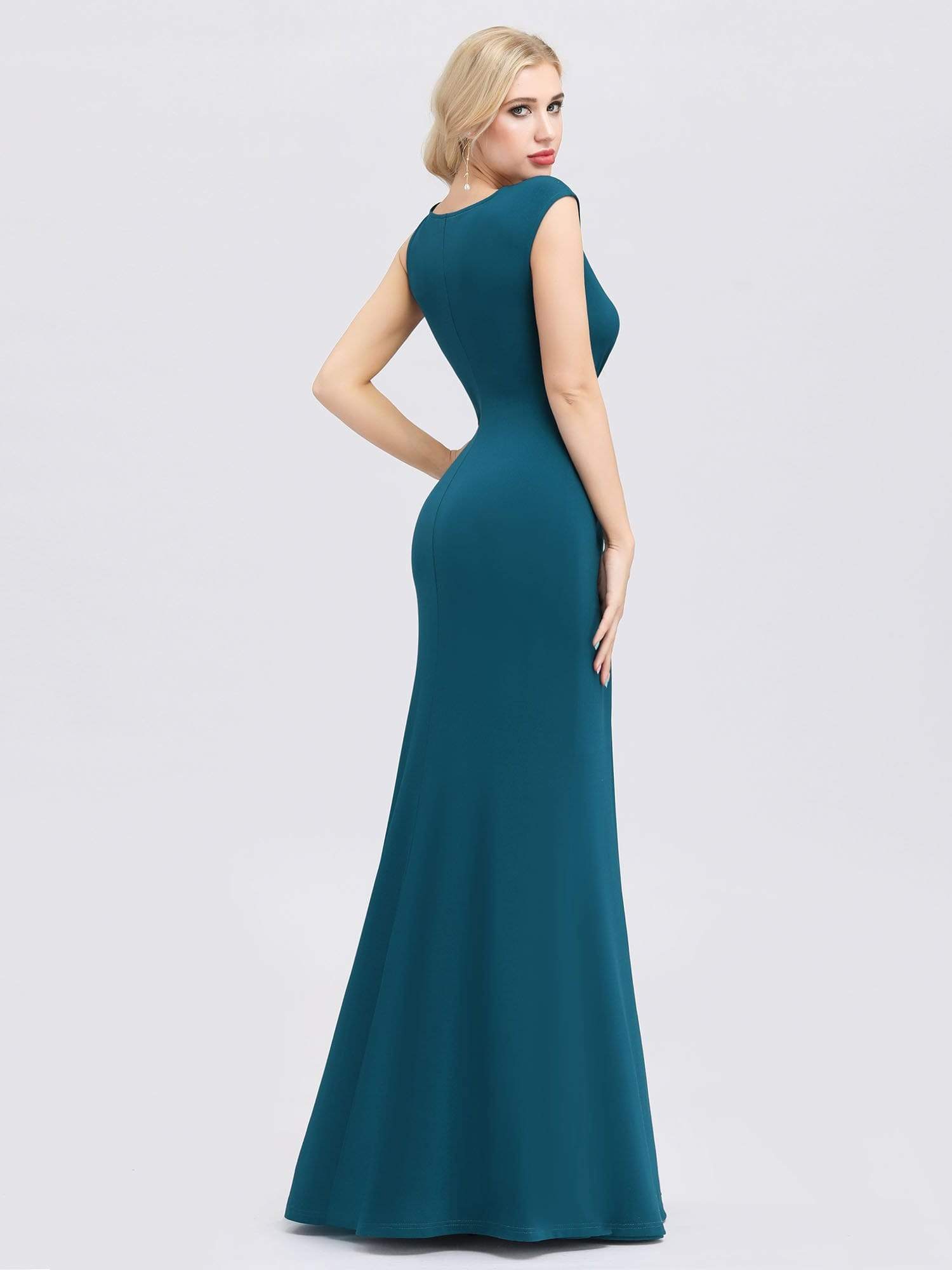 Color=Teal | Deep V Neck Floor Length Fishtail Party Dress-Teal 2