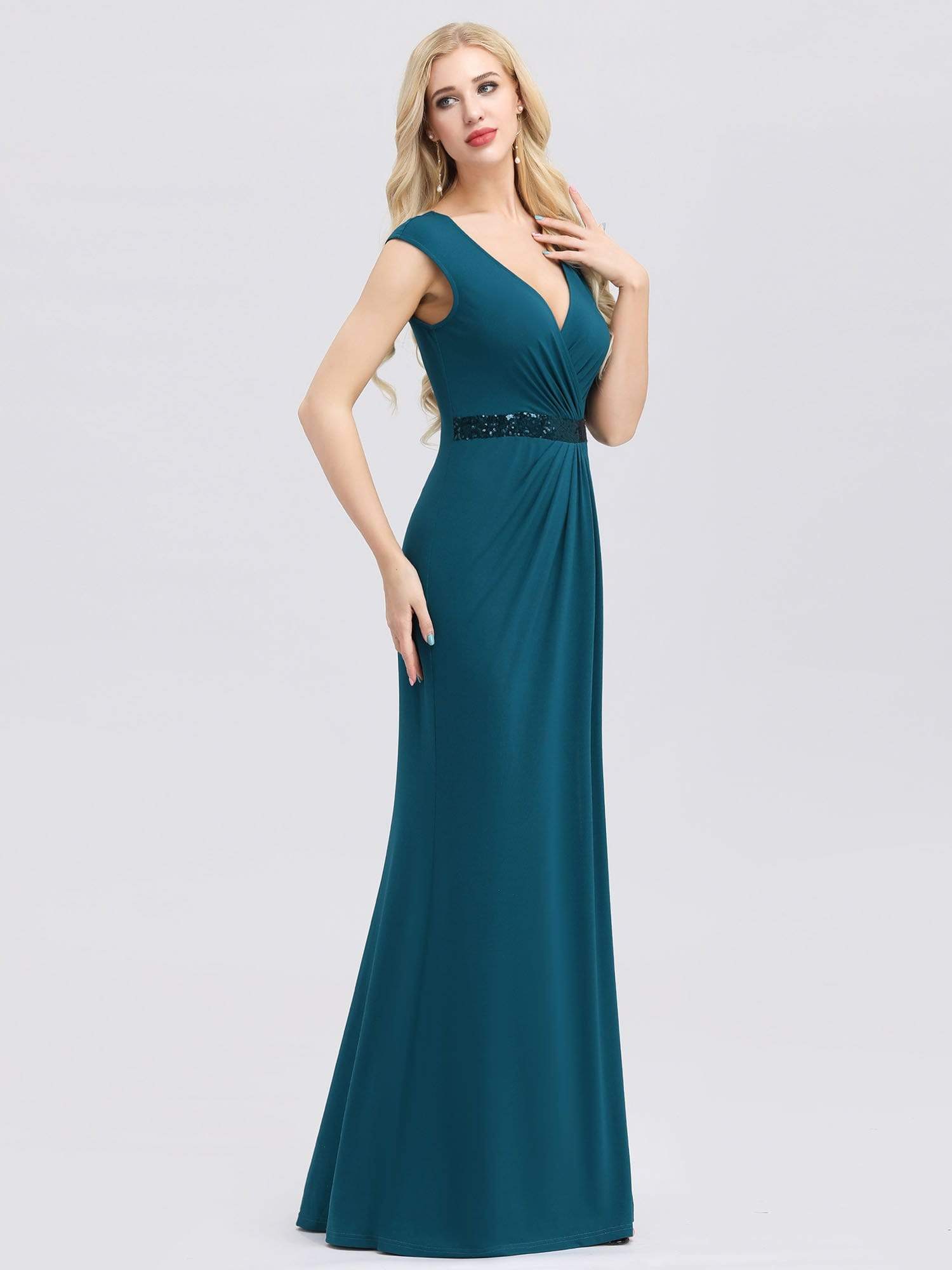 Color=Teal | Deep V Neck Floor Length Fishtail Party Dress-Teal 3