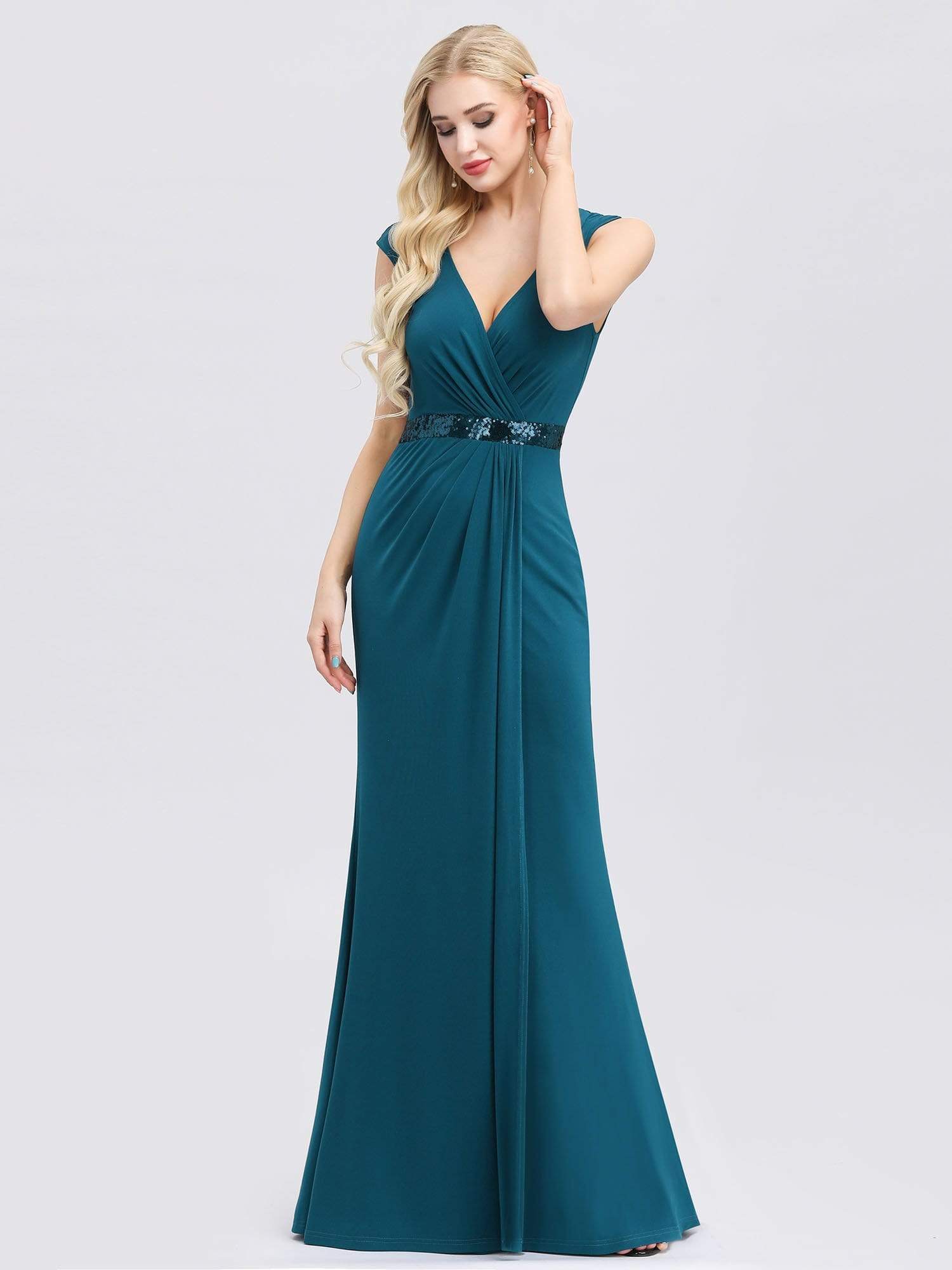 Color=Teal | Deep V Neck Floor Length Fishtail Party Dress-Teal 4