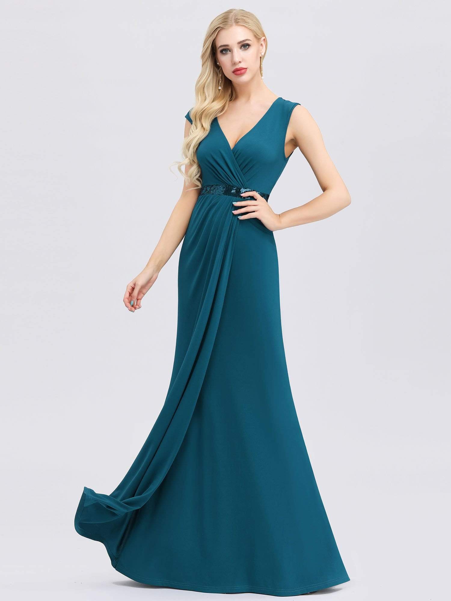 Color=Teal | Deep V Neck Floor Length Fishtail Party Dress-Teal 1