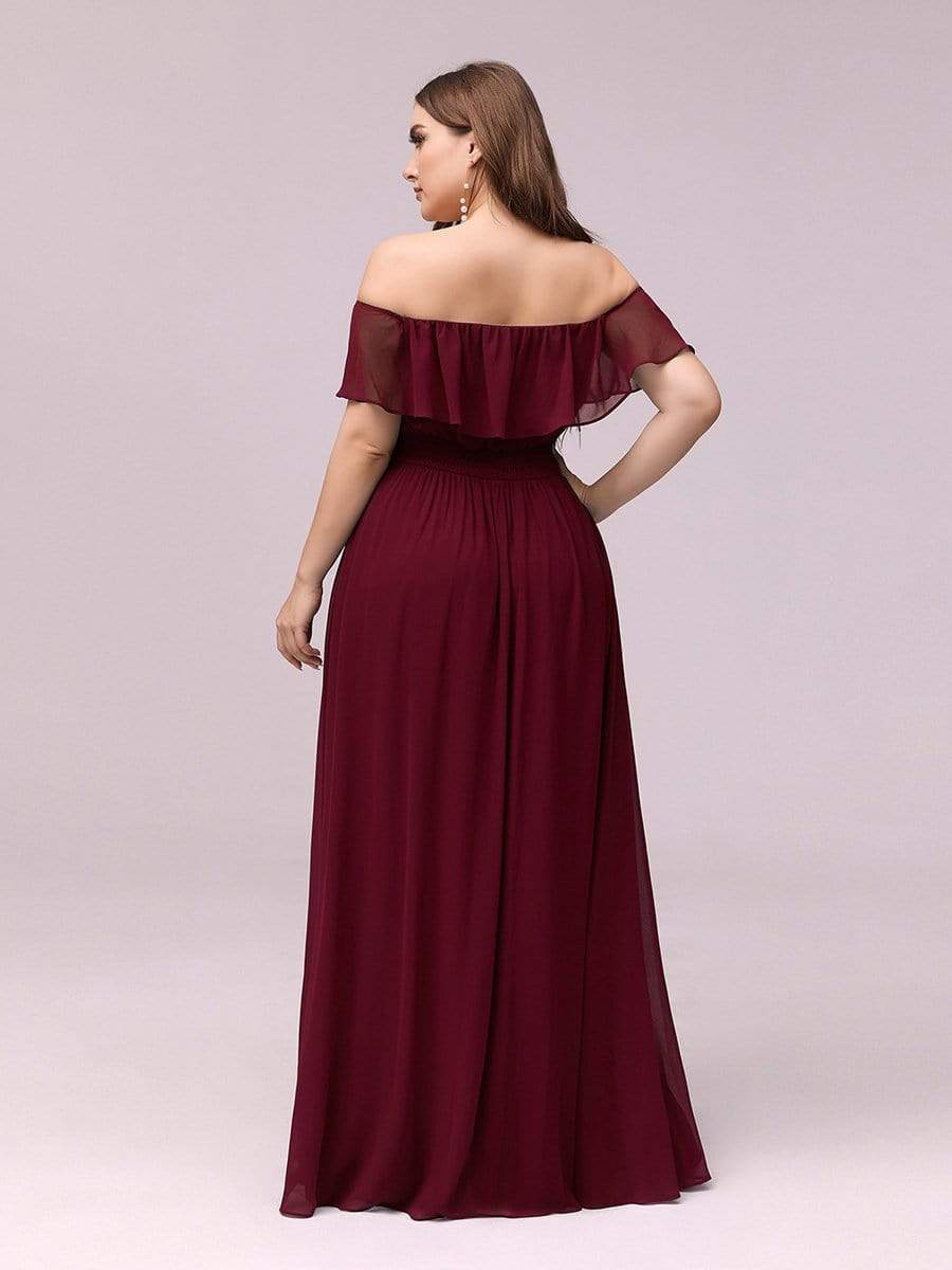 Color=Burgundy | Women'S A-Line Off Shoulder Ruffle Thigh Split Bridesmaid Dress-Burgundy 15