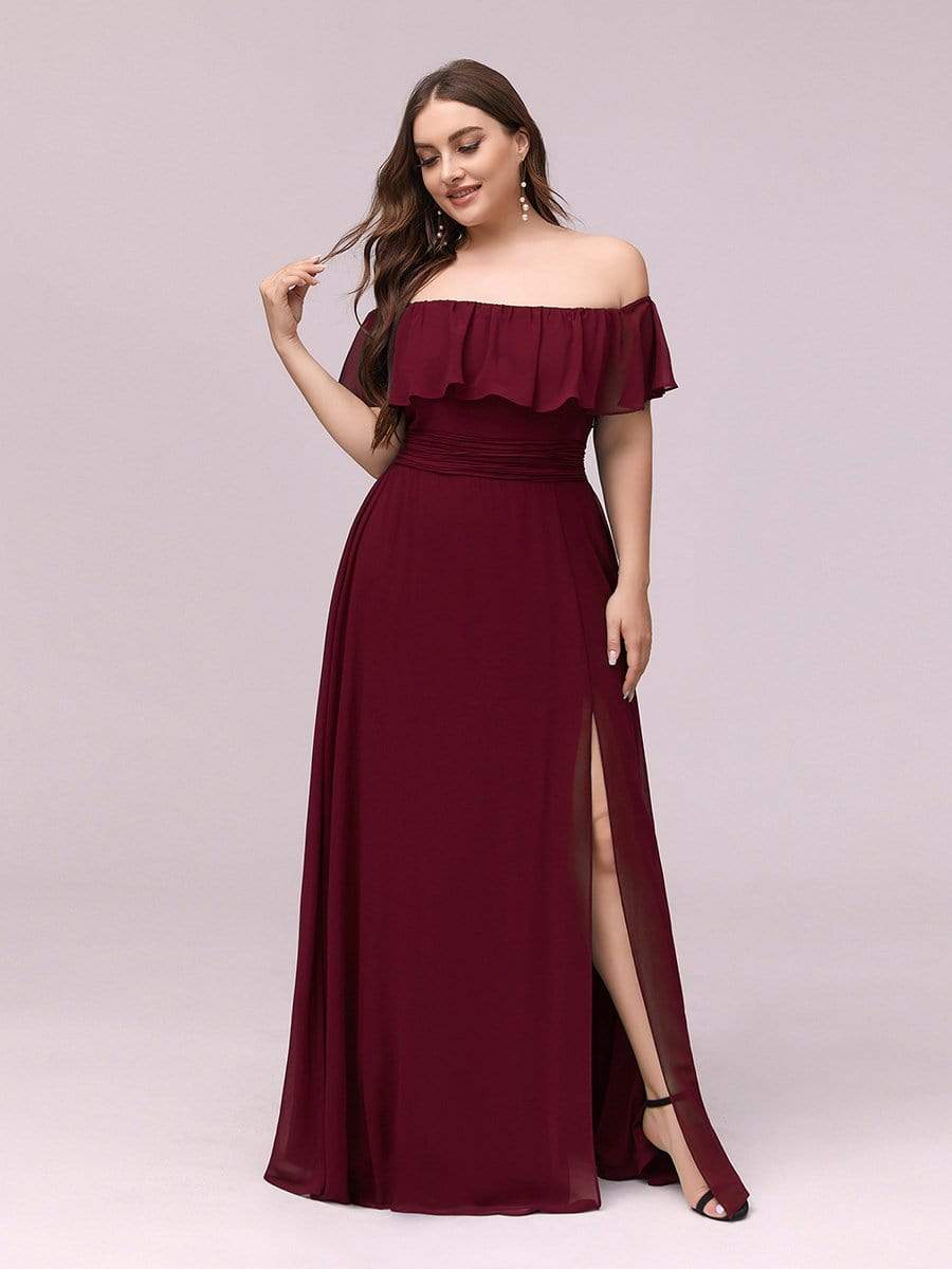 Color=Burgundy | Plus Size Women'S A-Line Off Shoulder Ruffle Thigh Split Bridesmaid Dress-Burgundy 5