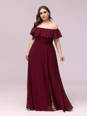 Color=Burgundy | Women'S A-Line Off Shoulder Ruffle Thigh Split Bridesmaid Dress-Burgundy 14