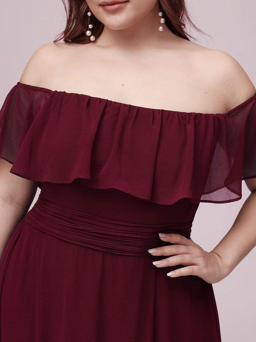 Color=Burgundy | Plus Size Women'S A-Line Off Shoulder Ruffle Thigh Split Bridesmaid Dress-Burgundy 7