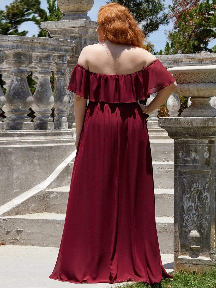 Color=Burgundy | Plus Size Women'S A-Line Off Shoulder Ruffle Thigh Split Bridesmaid Dress-Burgundy 2