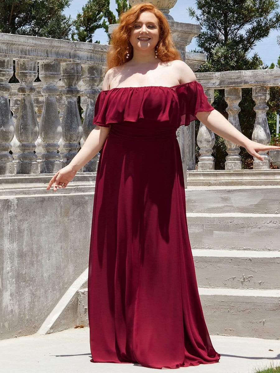 Color=Burgundy | Plus Size Women'S A-Line Off Shoulder Ruffle Thigh Split Bridesmaid Dress-Burgundy 1