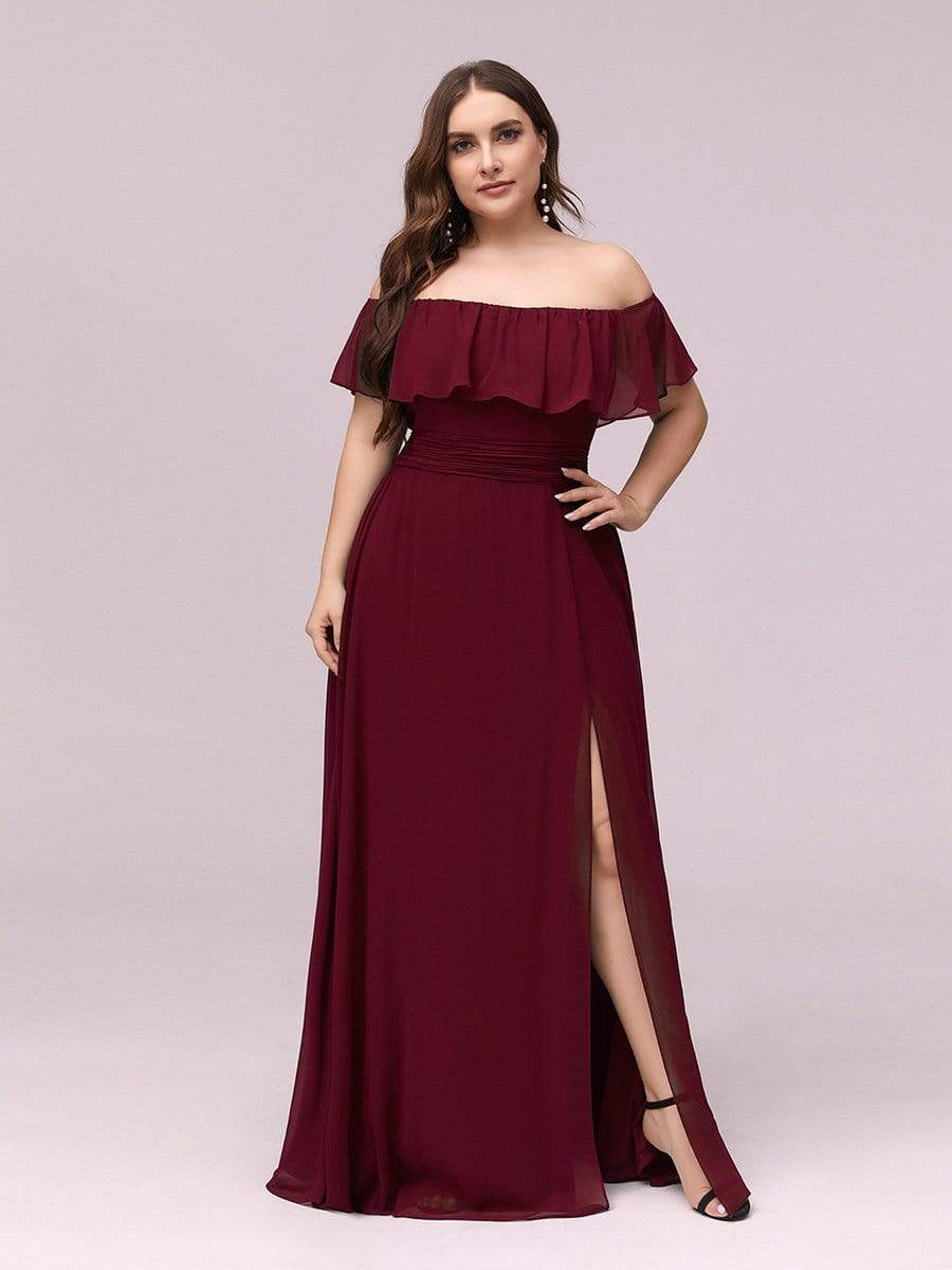 Color=Burgundy | Plus Size Women'S A-Line Off Shoulder Ruffle Thigh Split Bridesmaid Dress-Burgundy 3