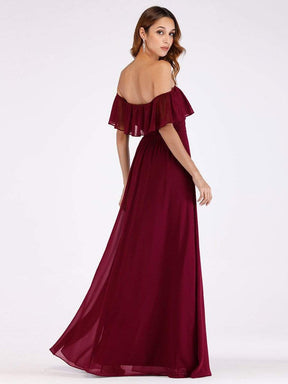 Color=Burgundy | Women'S A-Line Off Shoulder Ruffle Thigh Split Bridesmaid Dress-Burgundy 11