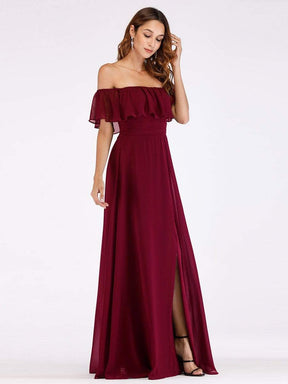 Color=Burgundy | Women'S A-Line Off Shoulder Ruffle Thigh Split Bridesmaid Dress-Burgundy 10