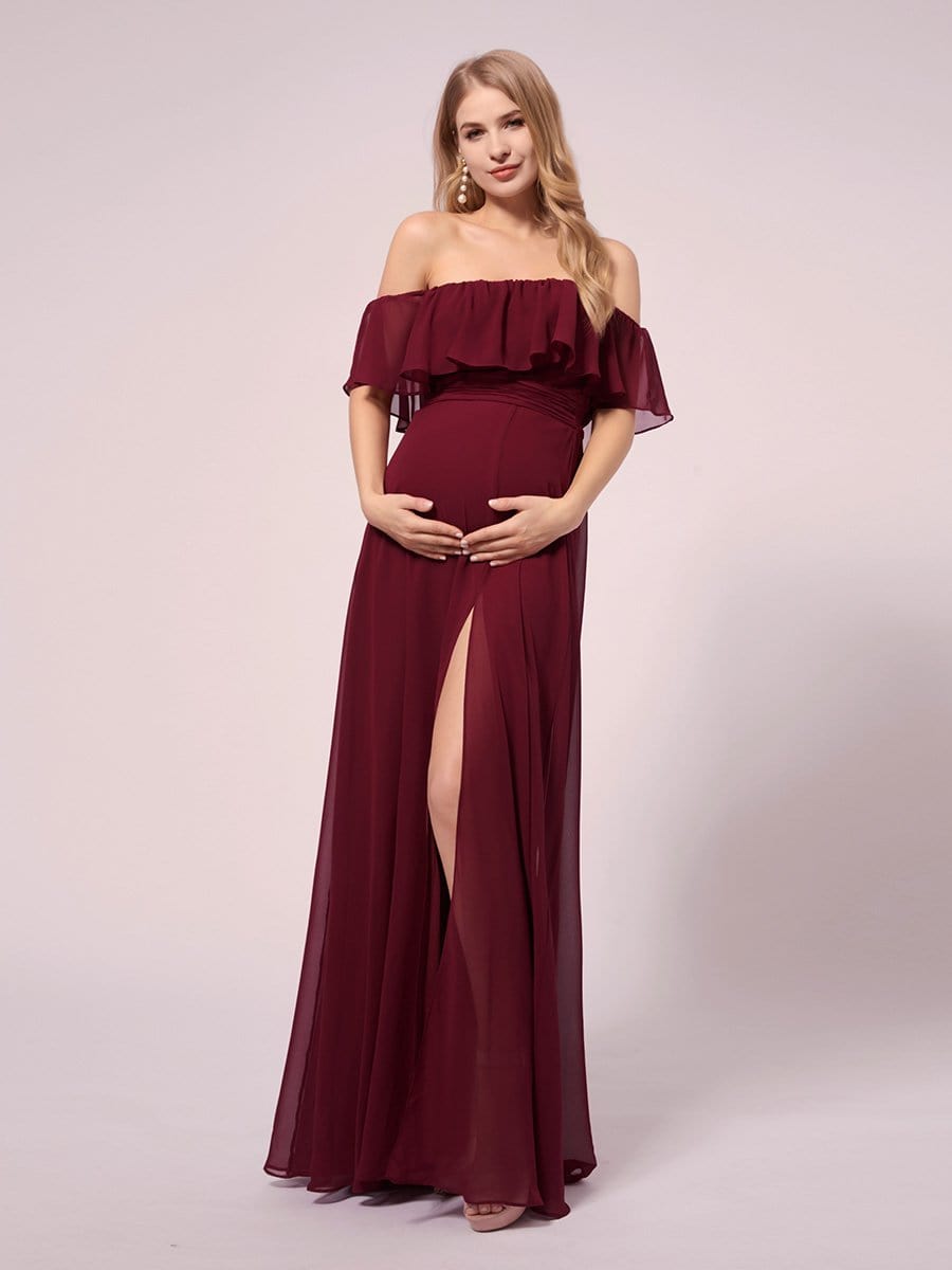 Color=Burgundy | Women's Off Shoulder Ruffle Thigh Split Maternity Dresses-Burgundy 1