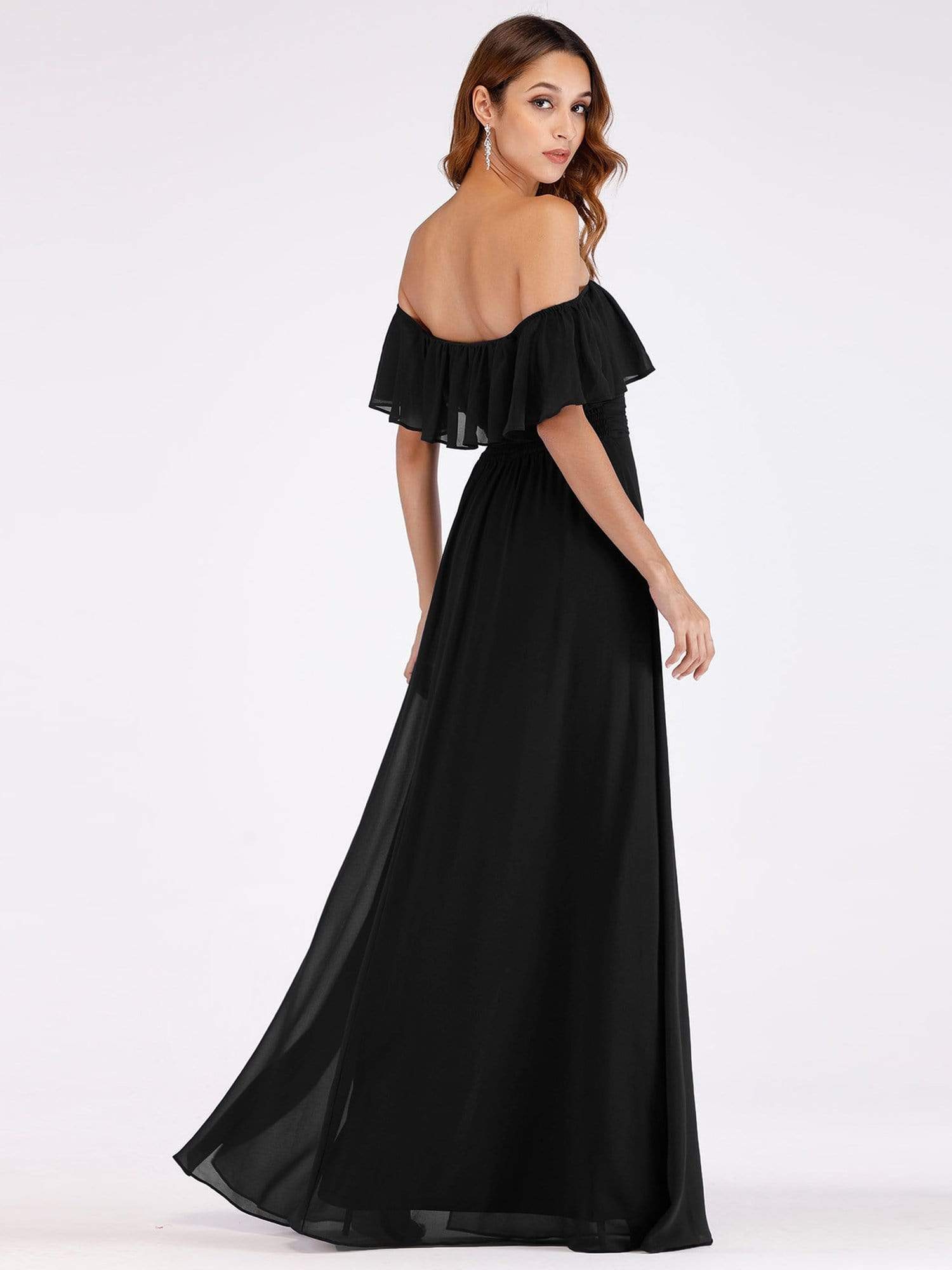 Color=Black | Women'S A-Line Off Shoulder Ruffle Thigh Split Bridesmaid Dress-Black 2