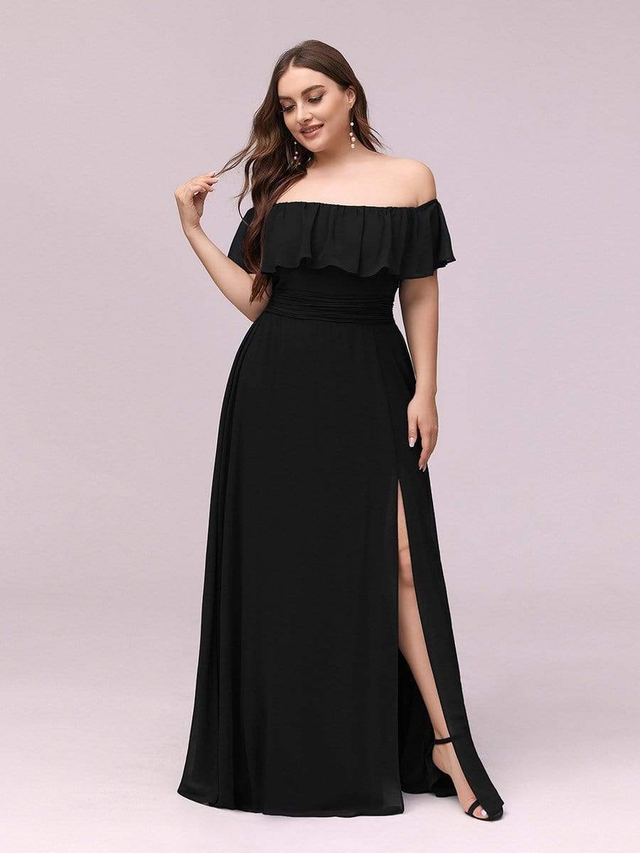 Color=Black | Women'S A-Line Off Shoulder Ruffle Thigh Split Bridesmaid Dress-Black 6