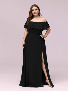 Color=Black | Plus Size Women'S A-Line Off Shoulder Ruffle Thigh Split Bridesmaid Dress-Black 3