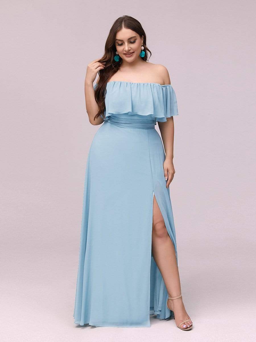 Color=Sky Blue | Women'S A-Line Off Shoulder Ruffle Thigh Split Bridesmaid Dress-Sky Blue 4