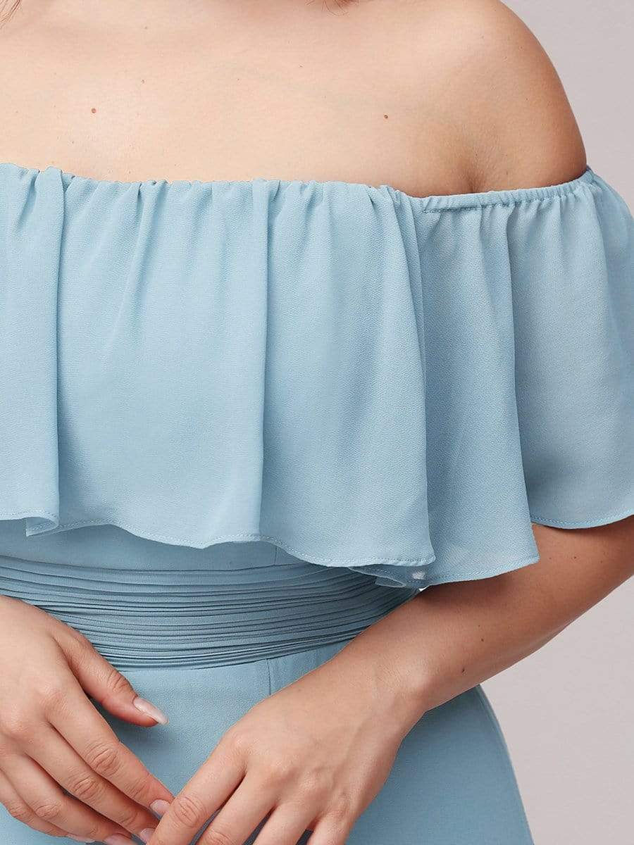 Color=Sky Blue | Women'S A-Line Off Shoulder Ruffle Thigh Split Bridesmaid Dress-Sky Blue 5