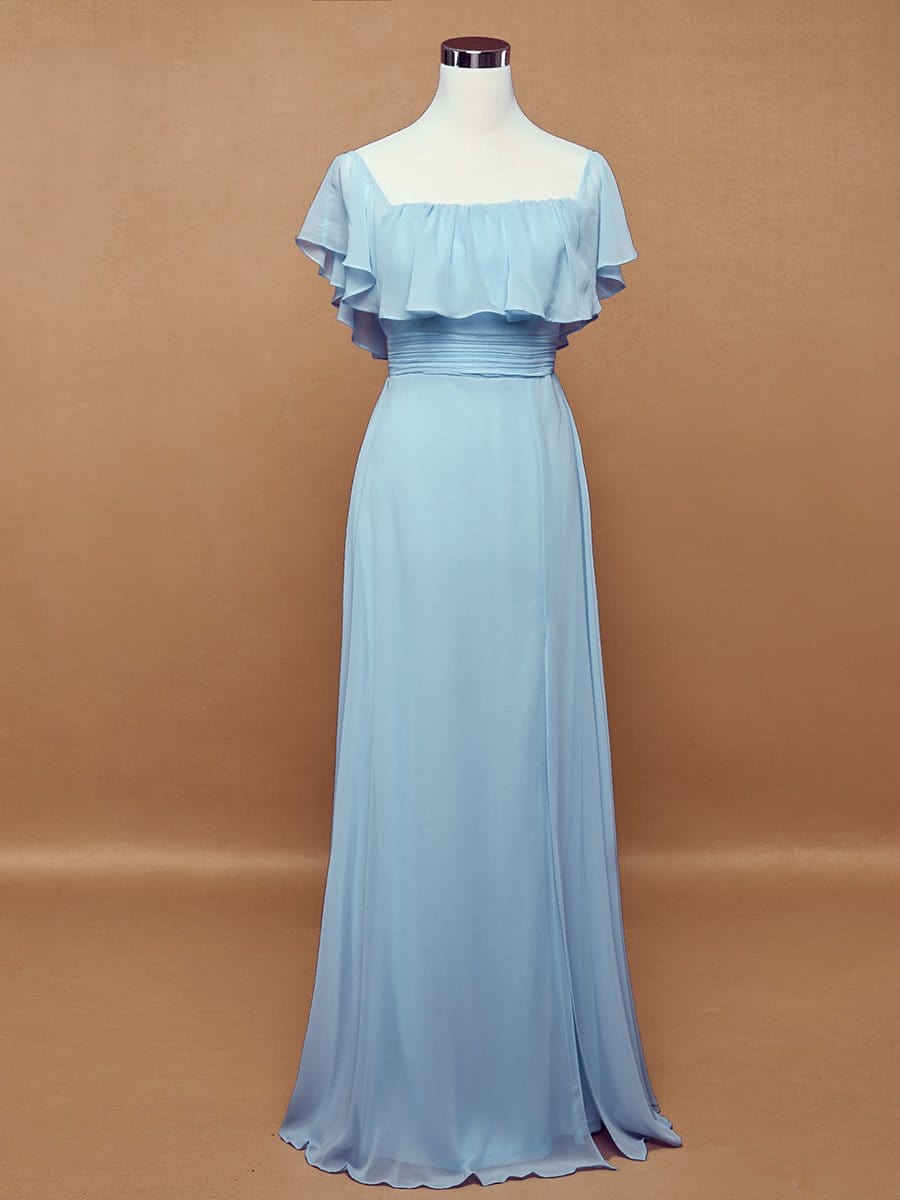 Color=Sky Blue | Women'S A-Line Off Shoulder Ruffle Thigh Split Bridesmaid Dress-Sky Blue 9