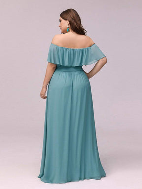 Color=Dusty Blue | Plus Size Women'S A-Line Off Shoulder Ruffle Thigh Split Bridesmaid Dress-Dusty Blue 2