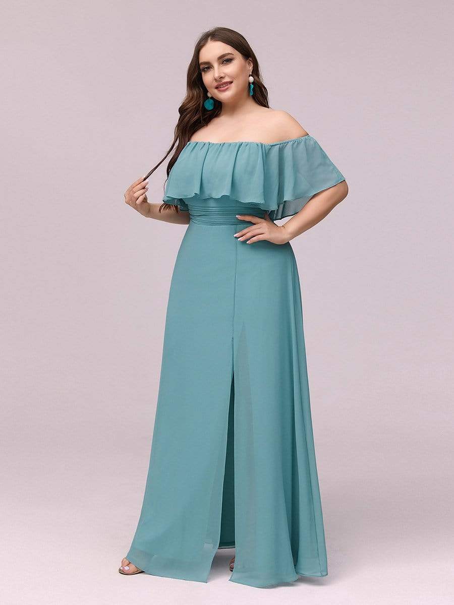 Color=Dusty Blue | Plus Size Women'S A-Line Off Shoulder Ruffle Thigh Split Bridesmaid Dress-Dusty Blue 3