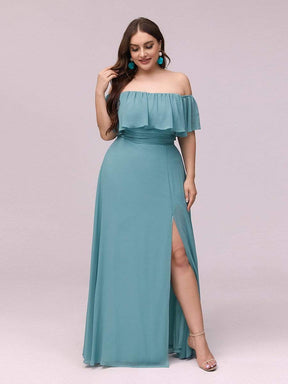 Color=Dusty Blue | Plus Size Women'S A-Line Off Shoulder Ruffle Thigh Split Bridesmaid Dress-Dusty Blue 4