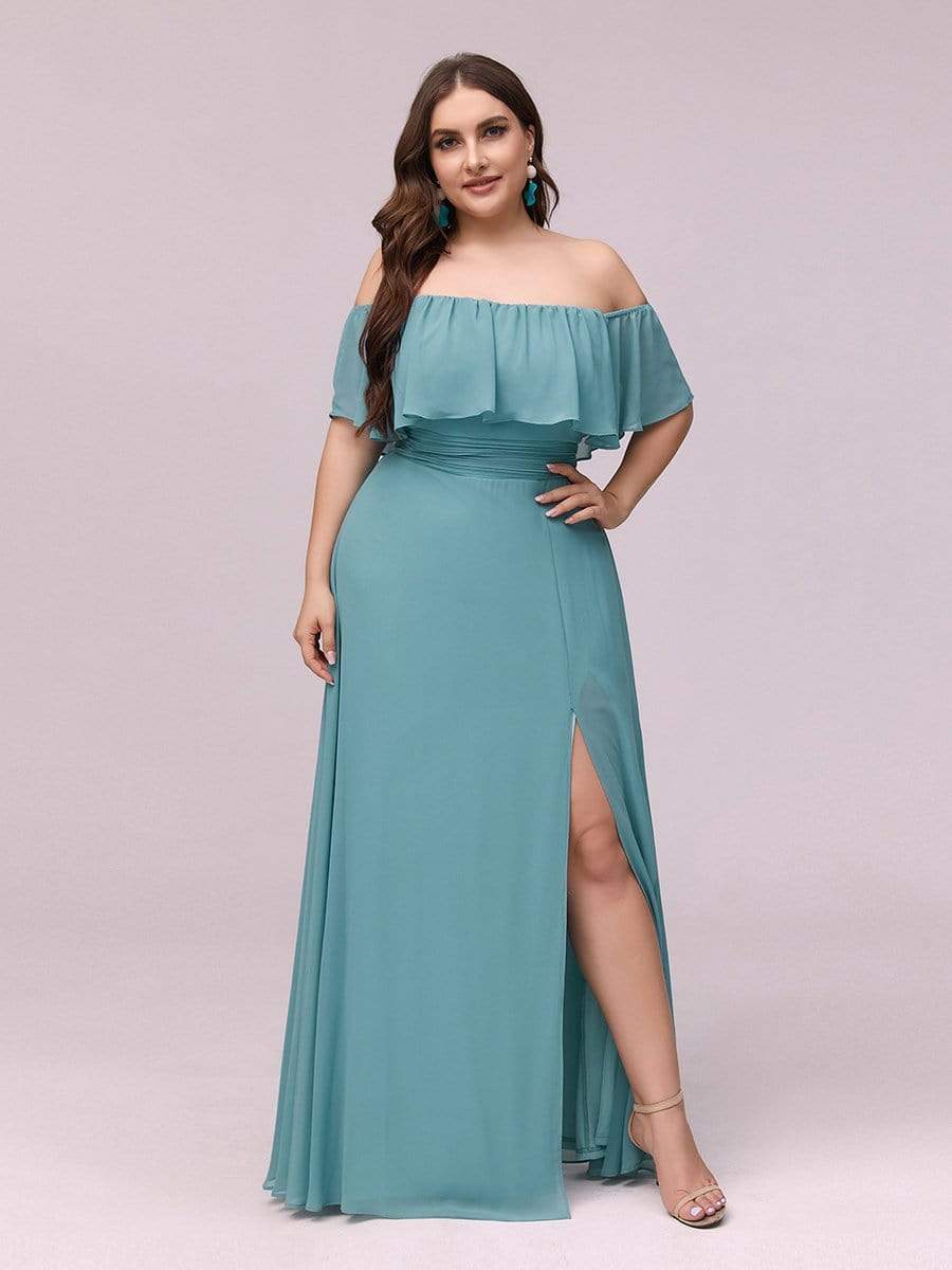 Color=Dusty Blue | Plus Size Women'S A-Line Off Shoulder Ruffle Thigh Split Bridesmaid Dress-Dusty Blue 1