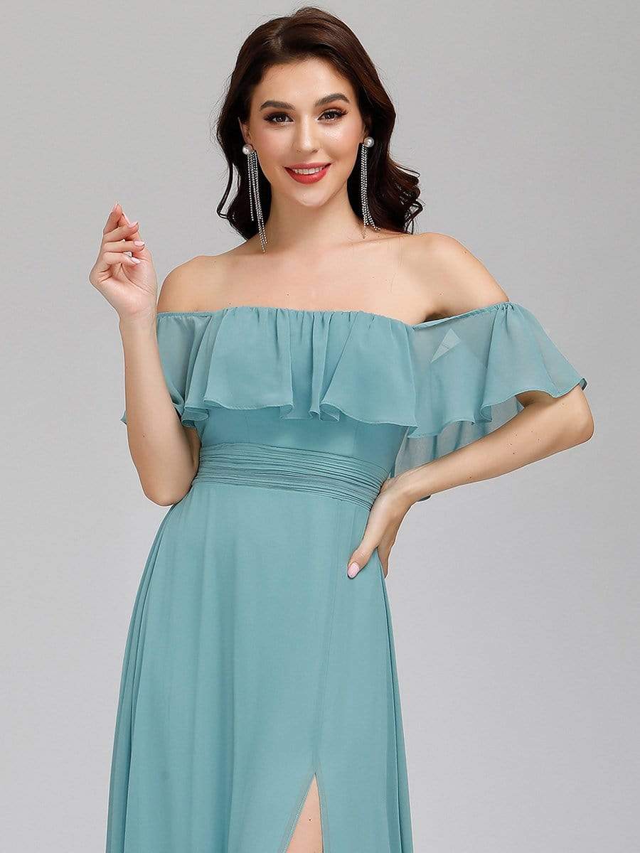 Color=Dusty Blue | Women'S A-Line Off Shoulder Ruffle Thigh Split Bridesmaid Dress-Dusty Blue 10