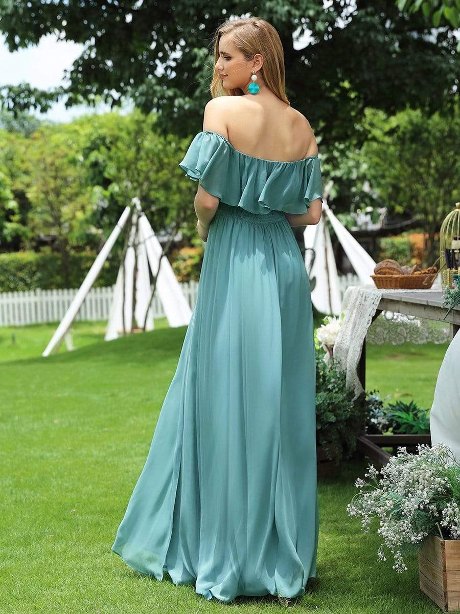 Color=Dusty Blue | Women'S A-Line Off Shoulder Ruffle Thigh Split Bridesmaid Dress-Dusty Blue 2