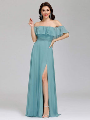 Color=Dusty Blue | Women'S A-Line Off Shoulder Ruffle Thigh Split Bridesmaid Dress-Dusty Blue 6